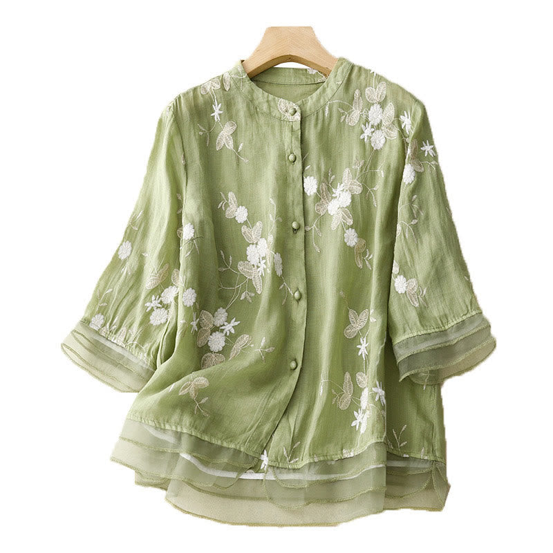 Buddha Stones Casual Embroidered Petals Spliced Organza Women's Crew Neck Design Half Sleeve Cotton Cardigan Shirt