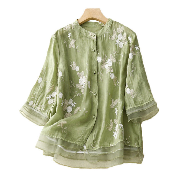 Buddha Stones Casual Embroidered Petals Spliced ​​Organza Women's Crew Neck Design Half Sleeve Cotton Cardigan Shirt - image 16
