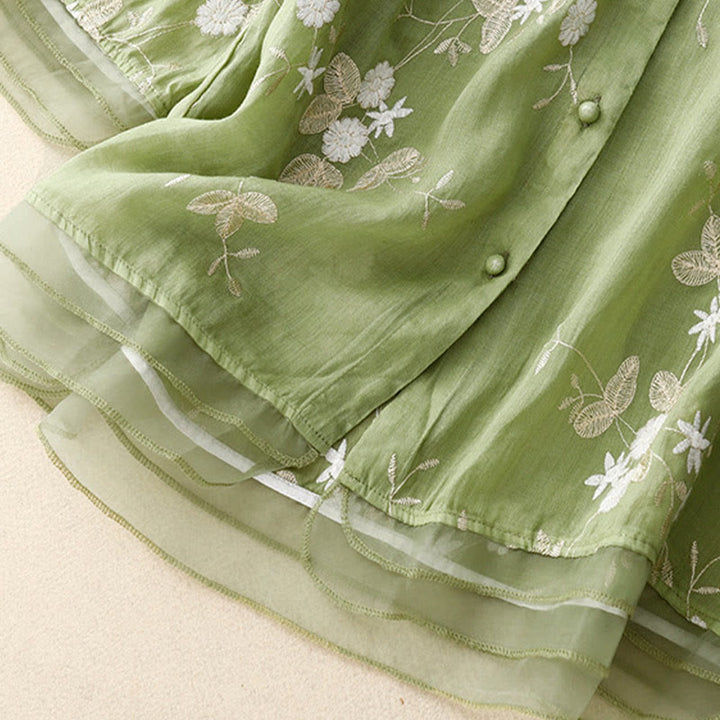 Buddha Stones Casual Embroidered Petals Spliced ​​Organza Women's Crew Neck Design Half Sleeve Cotton Cardigan Shirt - image 21