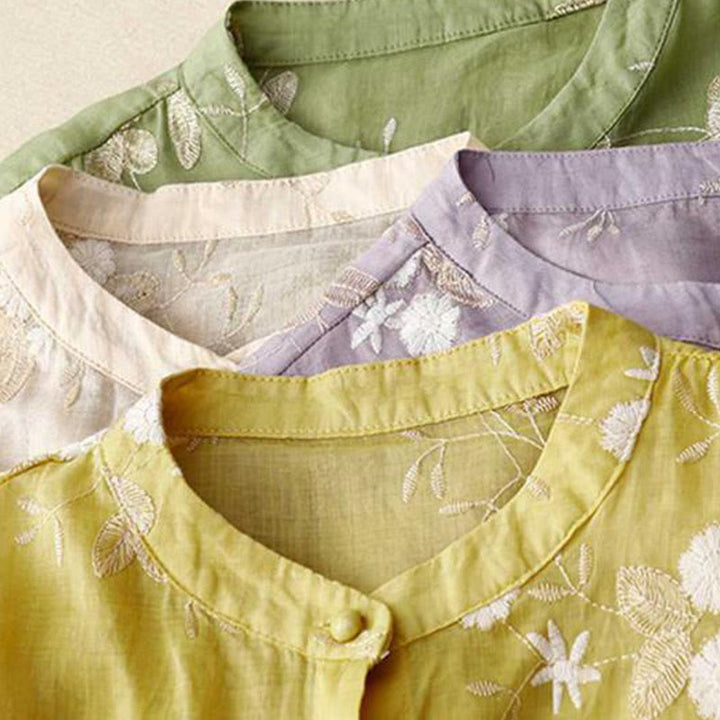 Buddha Stones Casual Embroidered Petals Spliced ​​Organza Women's Crew Neck Design Half Sleeve Cotton Cardigan Shirt - image 21