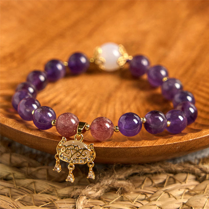 Buddha Stones Natural Amethyst Strawberry Quartz Peace Lock Charm Positive Bracelet