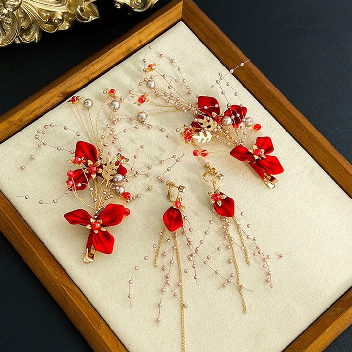 Buddha Stones Classical Chinese Wedding Bridal Red Rose Hair Clip