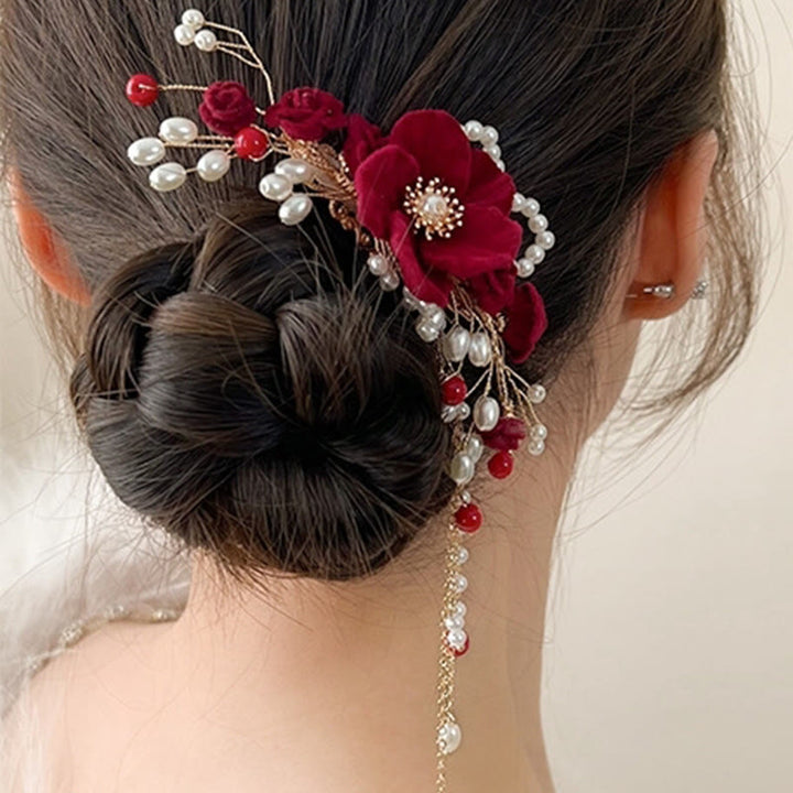 Buddha Stones Classical Chinese Wedding Bridal Red Rose Hair Clip