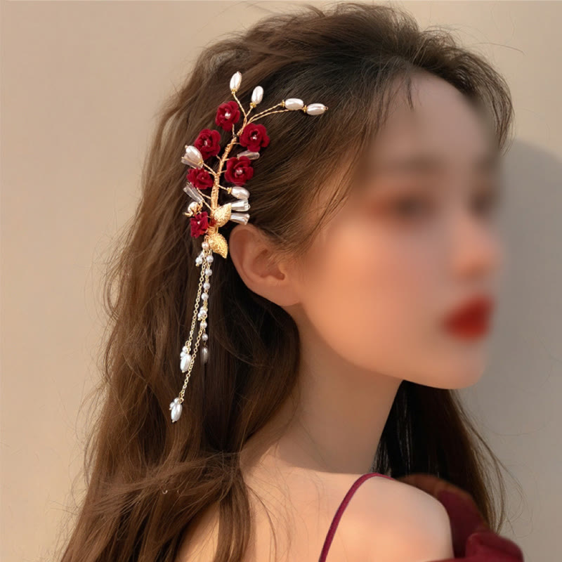 Buddha Stones Classical Chinese Wedding Bridal Red Rose Hair Clip