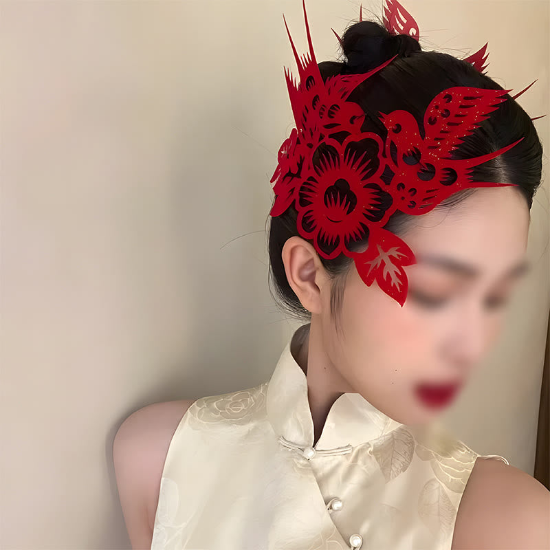 Buddha Stones Classical Chinese Wedding Red Magpie Flower Paper Cutting Flocking Cloth Hair Clip