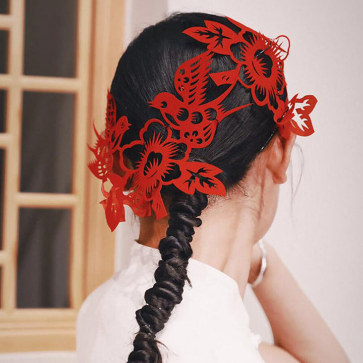 Buddha Stones Classical Chinese Wedding Red Magpie Flower Paper Cutting Flocking Cloth Hair Clip