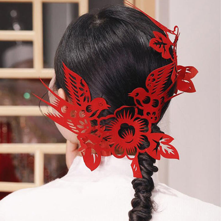 Buddha Stones Classical Chinese Wedding Red Magpie Flower Paper Cutting Flocking Cloth Hair Clip