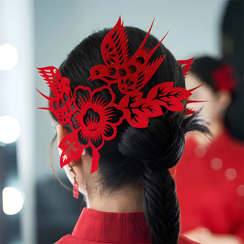 Buddha Stones Classical Chinese Wedding Red Magpie Flower Paper Cutting Flocking Cloth Hair Clip