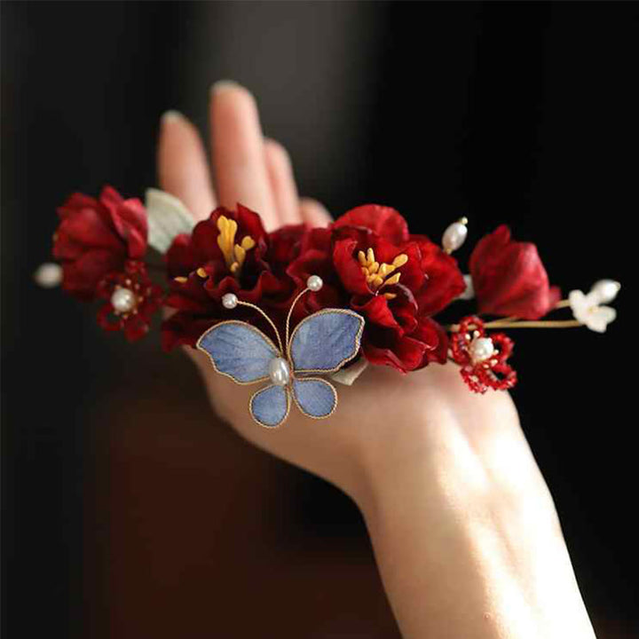 Buddha Stones Chinese Wedding Red Flower Butterfly Hair Clip