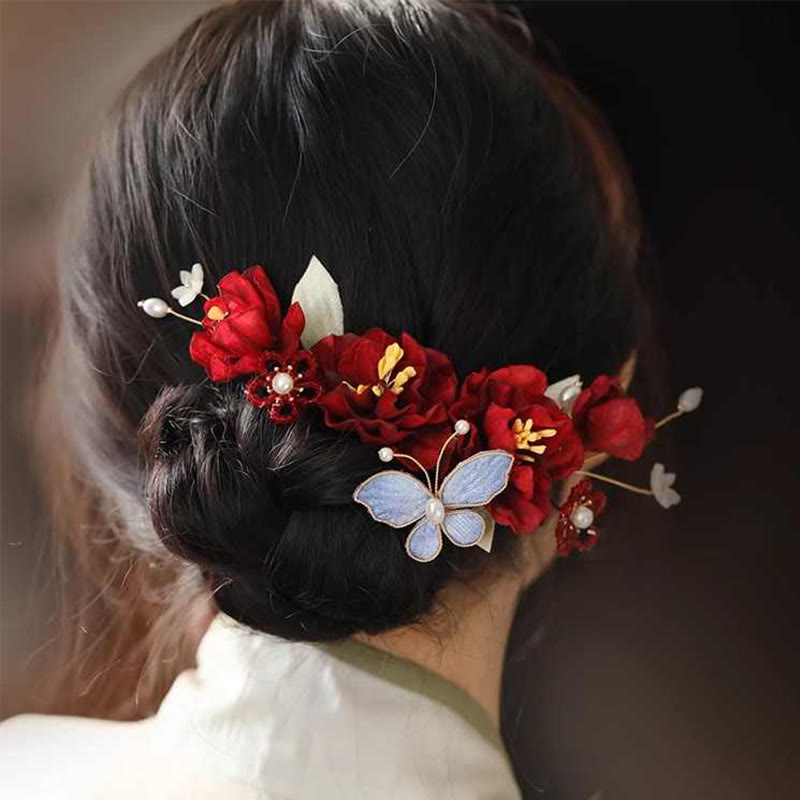 Buddha Stones Chinese Wedding Red Flower Butterfly Hair Clip