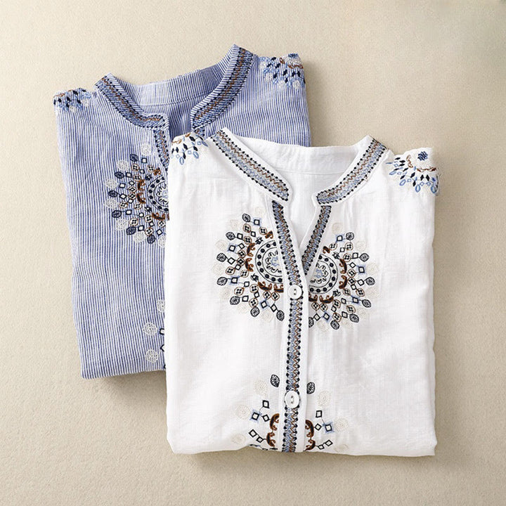 Buddha Stones Casual Women's Bohemia Embroidery Flowers V-Neck Design Half Sleeve Cotton Linen Shirt