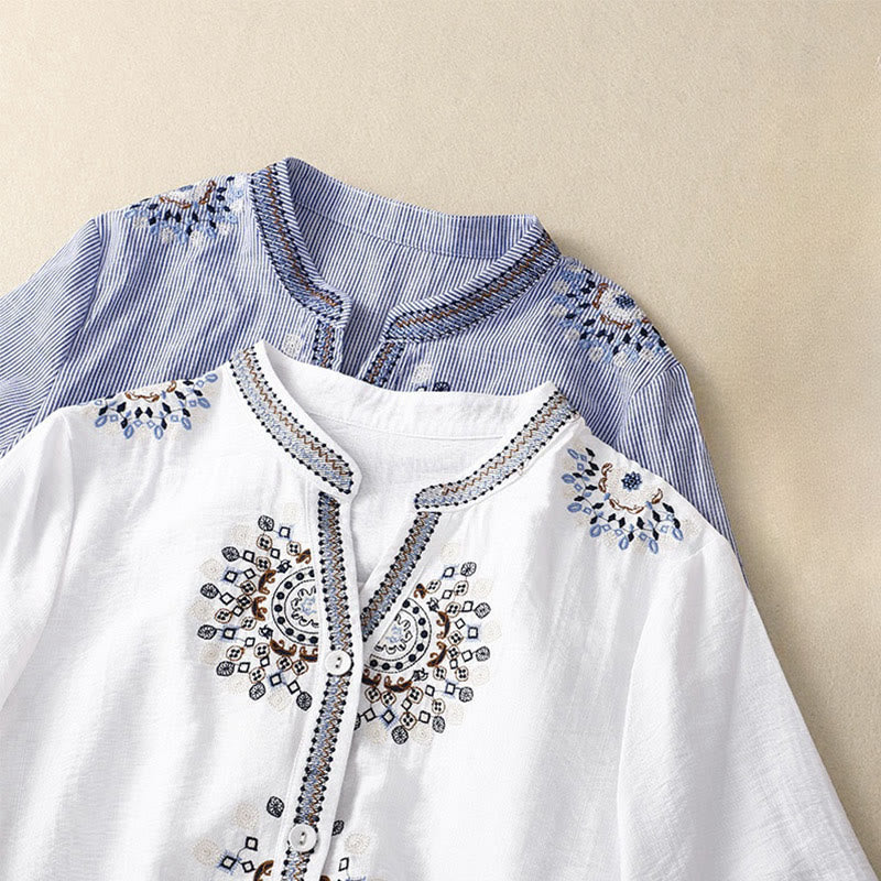 Buddha Stones Casual Women's Bohemia Embroidery Flowers V-Neck Design Half Sleeve Cotton Linen Shirt - image 9