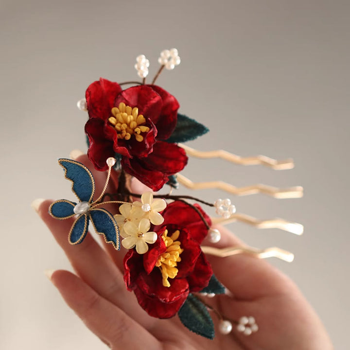 Buddha Stones Chinese Style Red Camellia Butterfly Hair Clip Hair Comb Hairpin Barrette Accessory