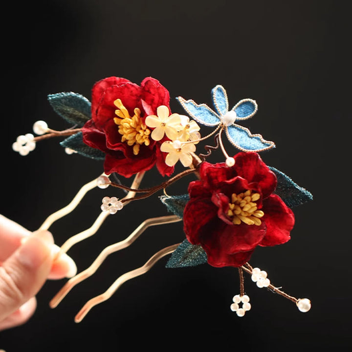 Buddha Stones Chinese Style Red Camellia Butterfly Hair Clip Hair Comb Hairpin Barrette Accessory