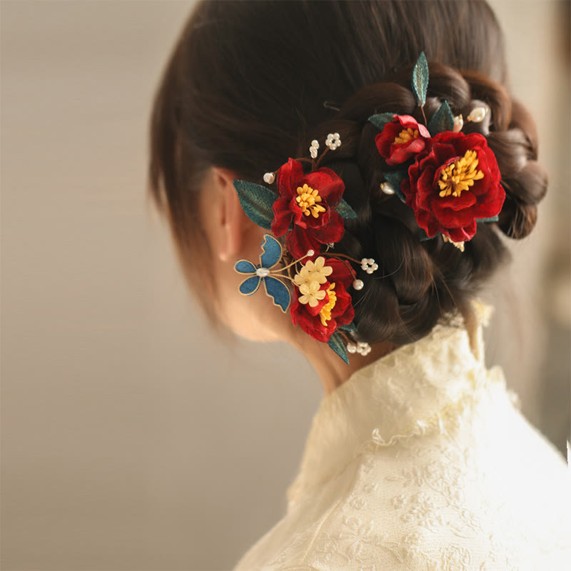 Buddha Stones Chinese Style Red Camellia Butterfly Hair Clip Hair Comb Hairpin Barrette Accessory