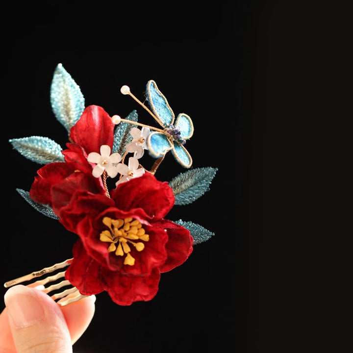 Buddha Stones Chinese Style Red Camellia Butterfly Hair Clip Hair Comb Hairpin Barrette Accessory