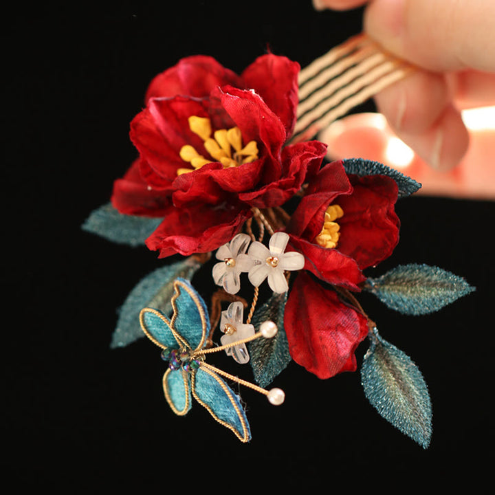 Buddha Stones Chinese Style Red Camellia Butterfly Hair Clip Hair Comb Hairpin Barrette Accessory