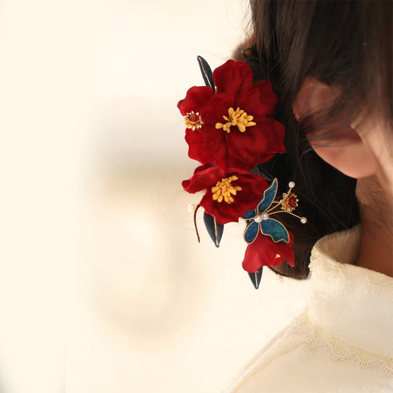 Buddha Stones Chinese Wedding Red Flower Butterfly Hair Comb Hairpin Barrette