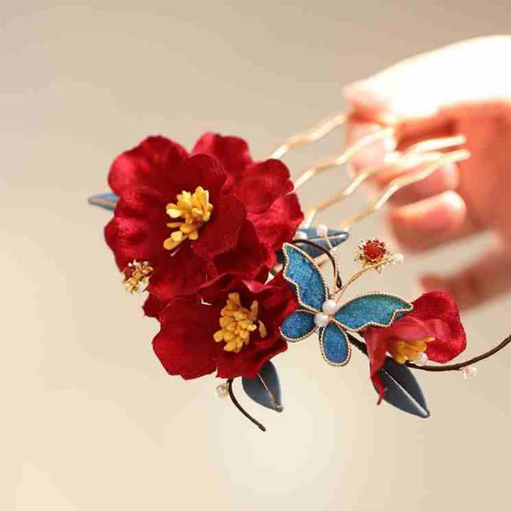 Buddha Stones Chinese Wedding Red Flower Butterfly Hair Comb Hairpin Barrette