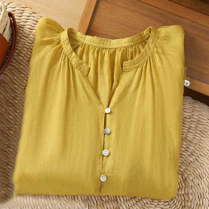 Buddha Stones Casual Plain Women's Single Row Multi-Button V-Neck Design Three Quarter Sleeve Cotton Linen Shirt