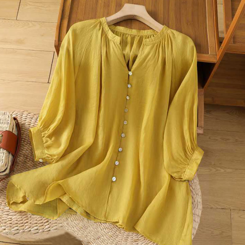 Buddha Stones Casual Plain Women's Single Row Multi-Button V-Neck Design Three Quarter Sleeve Cotton Linen Shirt