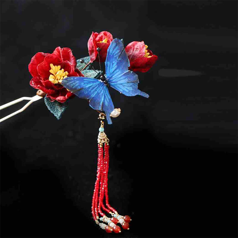 Buddha Stones Classical Chinese Style Red Flower Blue Butterfly Hairpin