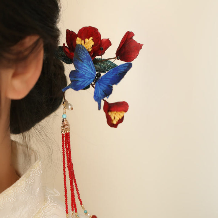 Buddha Stones Classical Chinese Style Red Flower Blue Butterfly Hairpin