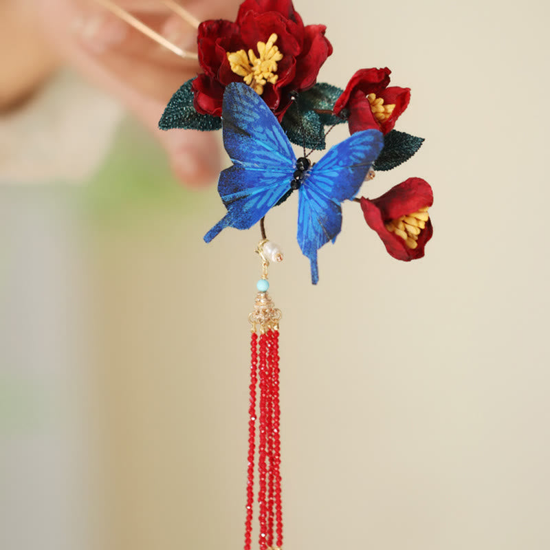 Buddha Stones Classical Chinese Style Red Flower Blue Butterfly Hairpin