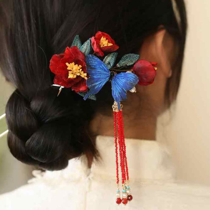 Buddha Stones Classical Chinese Style Red Flower Blue Butterfly Hairpin