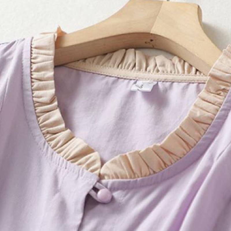 Buddha Stones Casual Plain Frog-Button Women's Ruffle Collar Design Half Sleeve Cotton Linen Shirt - image 9