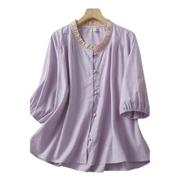 Buddha Stones Casual Plain Frog-Button Women's Ruffle Collar Design Half Sleeve Cotton Linen Shirt - image 8