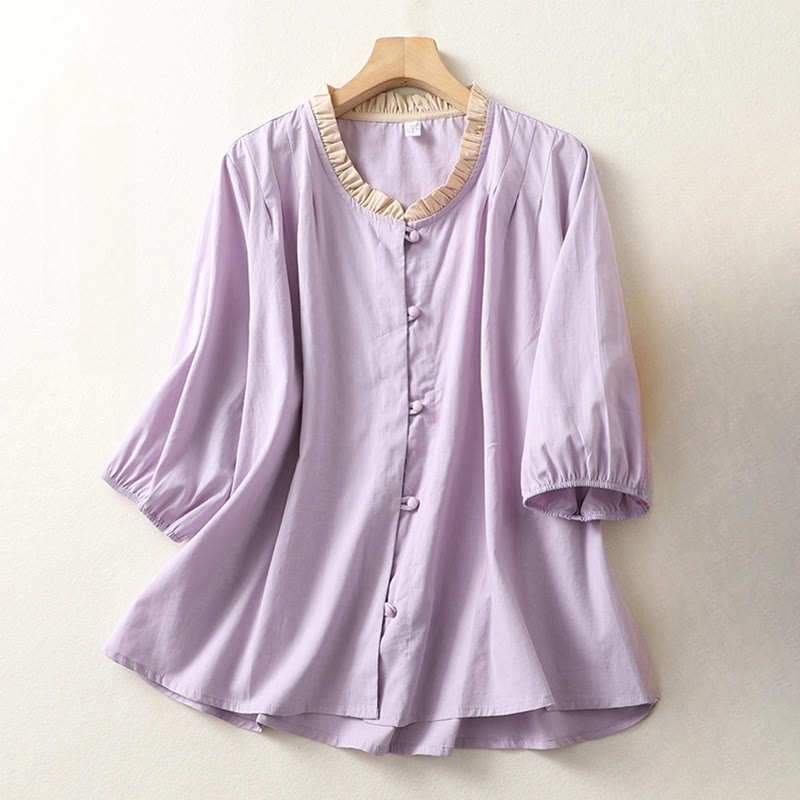 Buddha Stones Casual Plain Frog-Button Women's Ruffle Collar Design Half Sleeve Cotton Linen Shirt - Plum - US8-10，UK/AU12-14，EU40-42 (2XL) - image 7