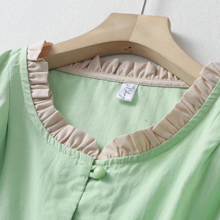 Buddha Stones Casual Plain Frog-Button Women's Ruffle Collar Design Half Sleeve Cotton Linen Shirt - image 14