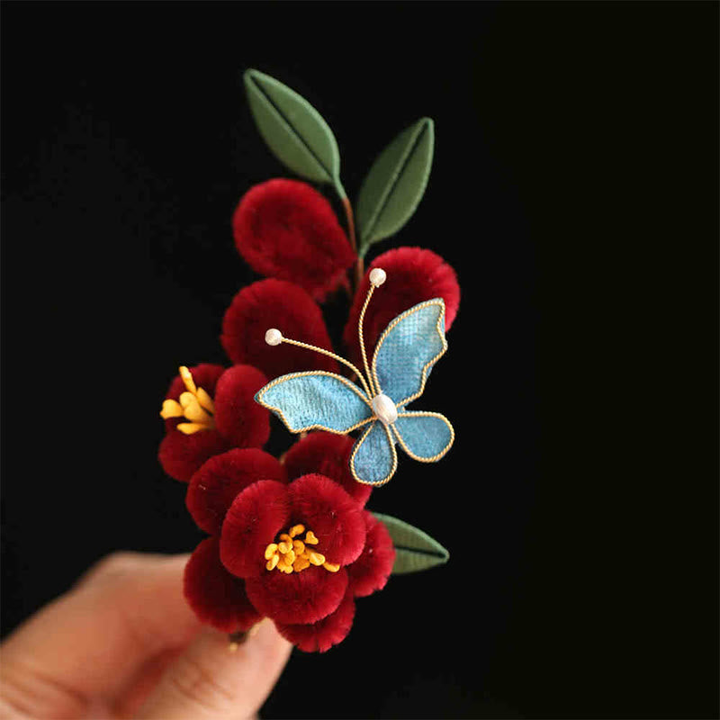 Buddha Stones Classical Chinese Style Red Flower Blue Butterfly Hairpin Hair Clip Hair Comb Barrette