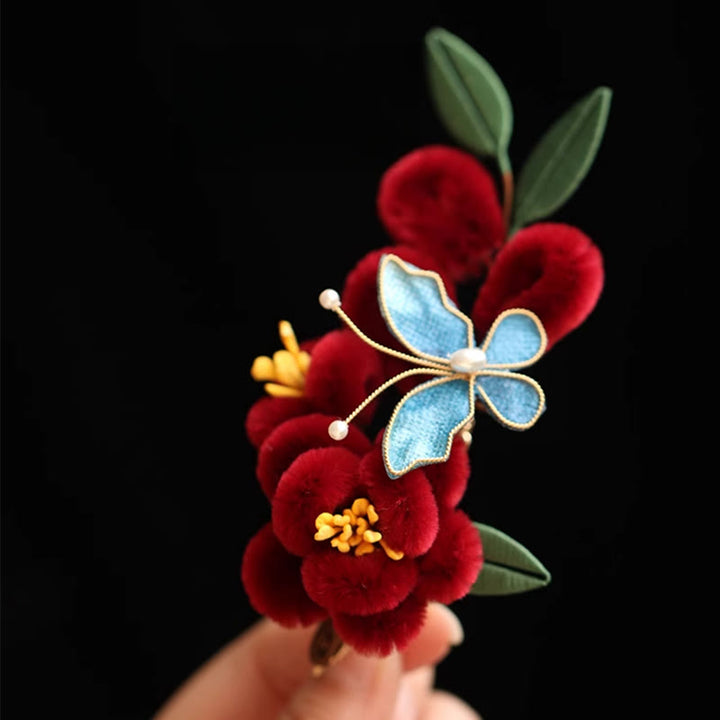 Buddha Stones Classical Chinese Style Red Flower Blue Butterfly Hairpin Hair Clip Hair Comb Barrette