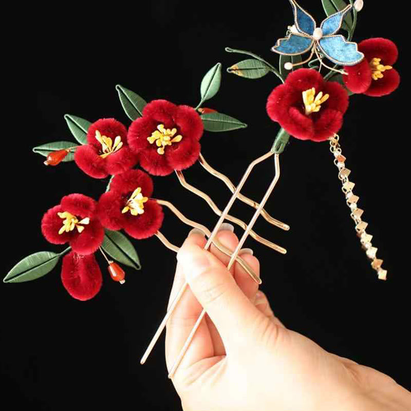 Buddha Stones Classical Chinese Style Red Flower Blue Butterfly Hairpin Hair Clip Hair Comb Barrette