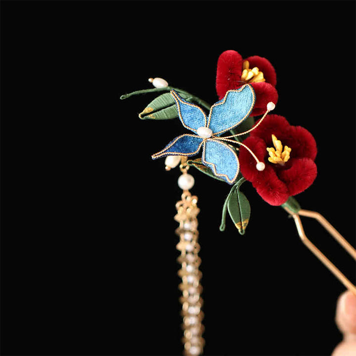 Buddha Stones Classical Chinese Style Red Flower Blue Butterfly Hairpin Hair Clip Hair Comb Barrette