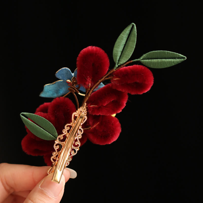 Buddha Stones Classical Chinese Style Red Flower Blue Butterfly Hairpin Hair Clip Hair Comb Barrette