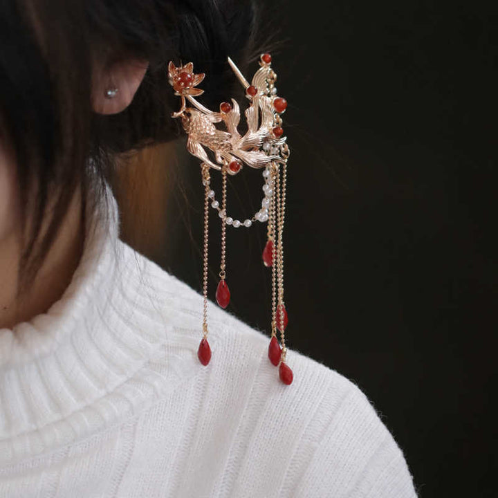 Buddha Stones Chinese Style Koi Fish Flower Tassel Red Agate Copper Gold Plated Hairpin Hair Comb