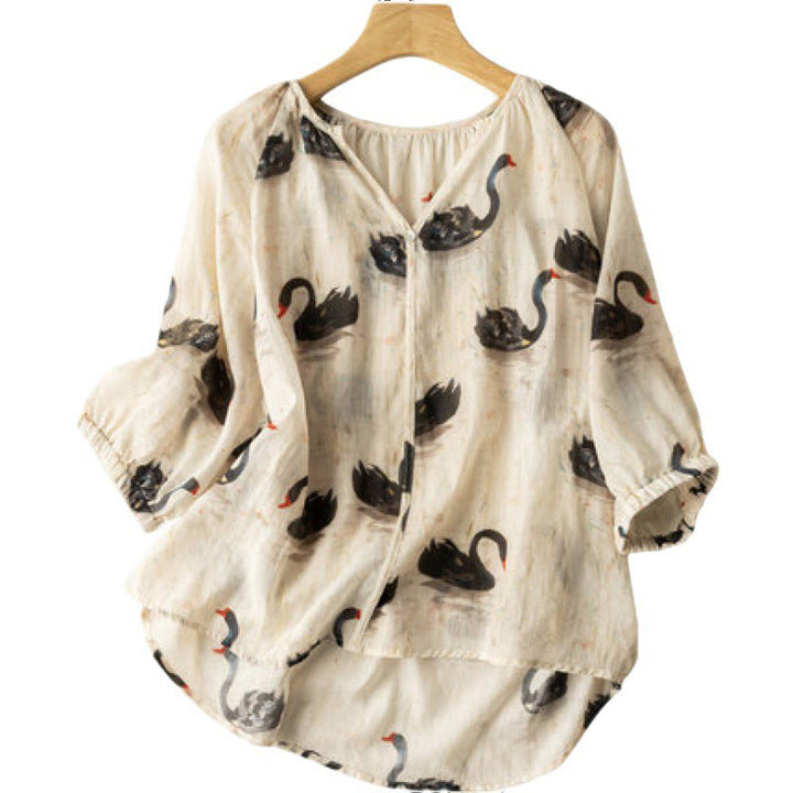 Buddha Stones Casual Black Swan Print Women's V-Neck Half Sleeve Design Cotton Linen Shirt