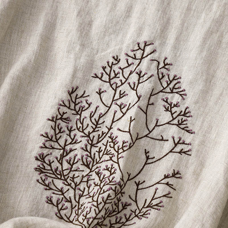 Buddha Stones Casual Embroidery Tree Drawstring Women's Crew Neck Design Half Sleeve Cotton Linen T-Shirt - image 3