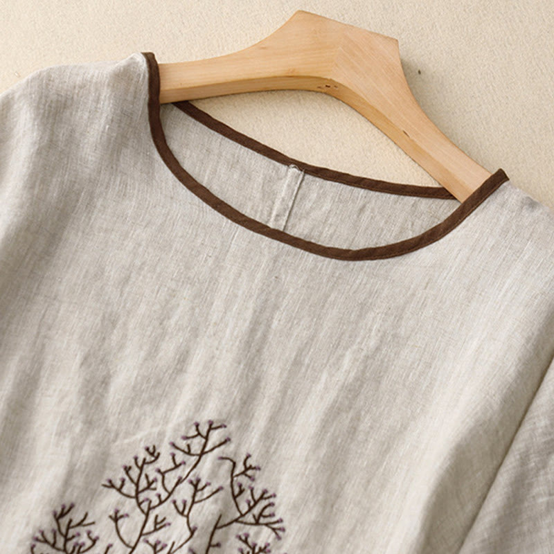 Buddha Stones Casual Embroidery Tree Drawstring Women's Crew Neck Design Half Sleeve Cotton Linen T-Shirt - image 1