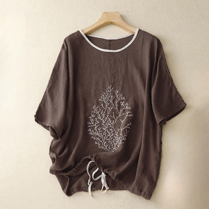 Buddha Stones Casual Embroidery Tree Drawstring Women's Crew Neck Design Half Sleeve Cotton LinenT-Shirt