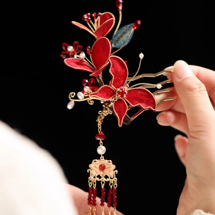 Buddha Stones Classical Chinese Style Red Flower Butterfly Tassel Hair Comb Hairpin