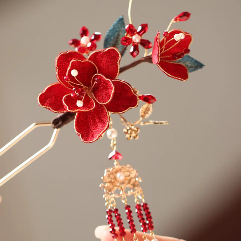 Buddha Stones Classical Chinese Style Red Flower Butterfly Tassel Hair Comb Hairpin