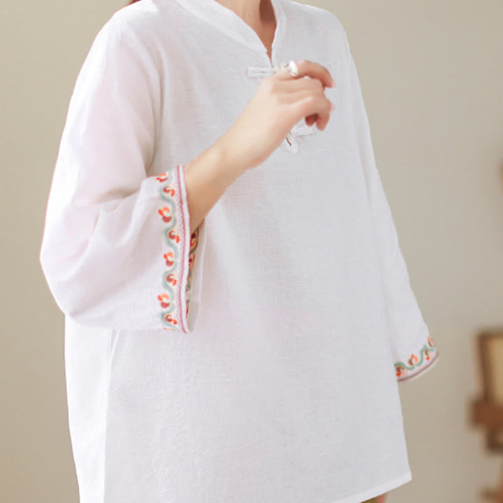 Buddha Stones Casual Jacquard Frog-Button Women's Crew Neck Design Three Quarter Sleeve Cotton Linen Shirt - image 2