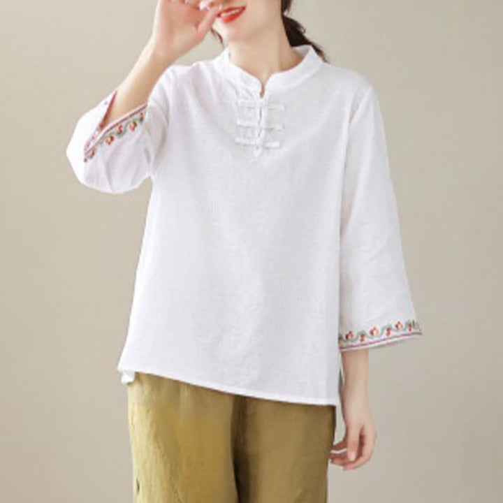 Buddha Stones Casual Jacquard Frog-Button Women's Crew Neck Design Three Quarter Sleeve Cotton Linen Shirt