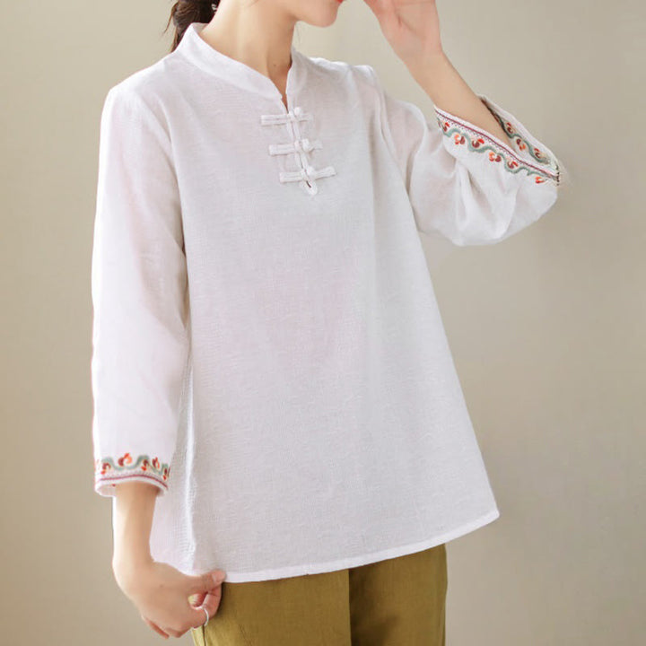 Buddha Stones Casual Jacquard Frog-Button Women's Crew Neck Design Three Quarter Sleeve Cotton Linen Shirt - image 9