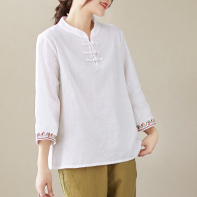 Buddha Stones Casual Jacquard Frog-Button Women's Crew Neck Design Three Quarter Sleeve Cotton Linen Shirt - image 3