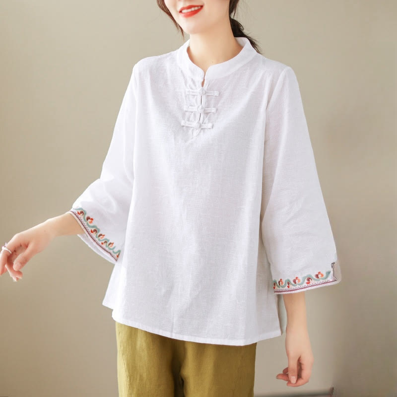 Buddha Stones Casual Jacquard Frog-Button Women's Crew Neck Design Three Quarter Sleeve Cotton Linen Shirt - White - US8-10，UK/AU12-14，EU40-42 (2XL) - image 0